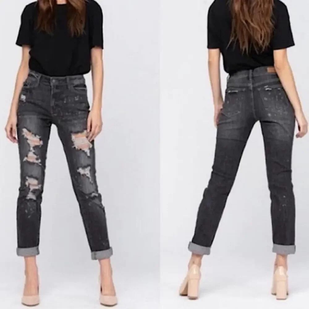 Judy Blue Boyfriend Fit Black Gray Distressed Jeans Stretch Mid Rise Denim 7/28 - Picture 1 of 8